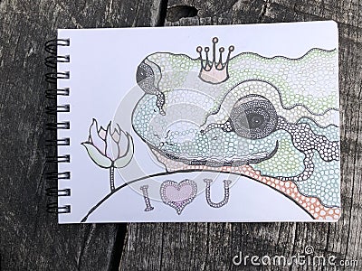 The frog princess with pink lotus, sign I love you, on the wood Cartoon Illustration