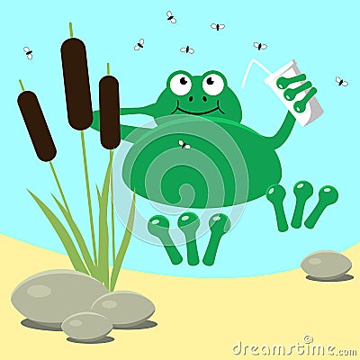 Frog resting swamp reeds and midge Vector Illustration