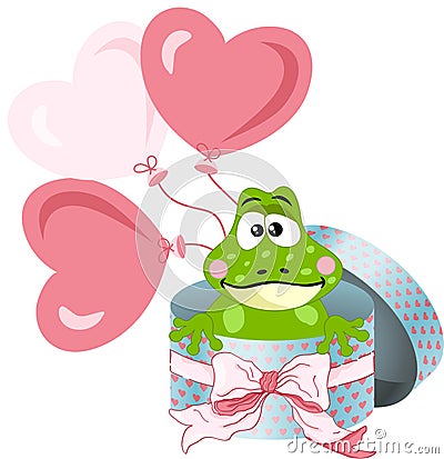 Frog in round gift box with bow ribbon and balloons Vector Illustration