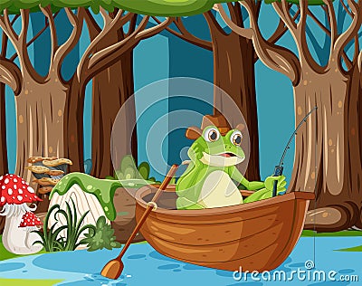 Frog rowing boat in the stream in the forest scene Vector Illustration