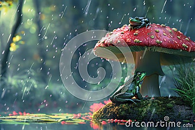 Frog sheltering under a mushroom in the rain Stock Photo