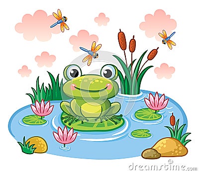 The frog sits on a leaf in the pond. Cartoon Illustration