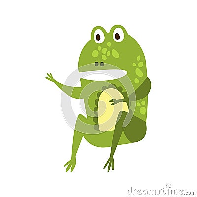 Frog Sitting Like Man Speaking Flat Cartoon Green Friendly Reptile Animal Character Drawing