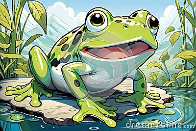 Frog sitting water pond cartoon comedy learning coloring book Cartoon Illustration