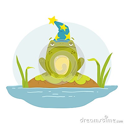 A frog in a swamp in a wizard`s hat. Toad Merlin. Cute flat hand drawn character. Illustration for fairytales book. Vector Vector Illustration