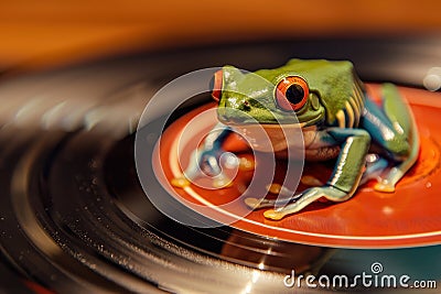 Frog on a vintage record player, closeup, vibrant colors, whimsical, bygone era , studio lighting Stock Photo