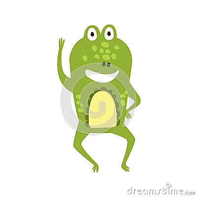 Frog Waving Greeting Flat Cartoon Green Friendly Reptile Animal Character Drawing Vector Illustration