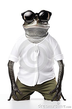 Frog wearing sunglasses and shirt on white background, AI Stock Photo