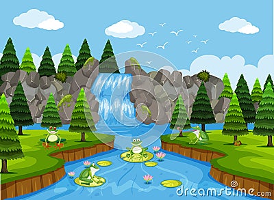 Frogs in waterfall scene Vector Illustration