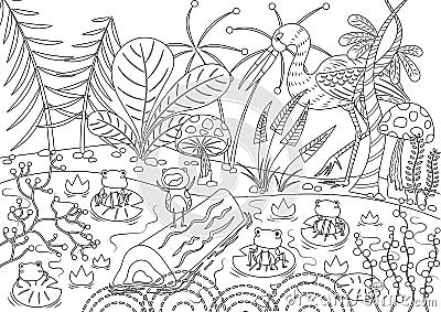 The Frogs Who Desired a King Colorless Vector Illustration