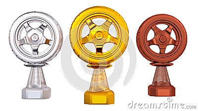 Fron,t view of Sport Wheel Gold Silver and Bronze Trophies Stock Photo
