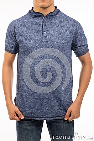 Fron view of blue Marine aegean shirt with short sleeve and banded collar on a handsome guy in studio light Stock Photo