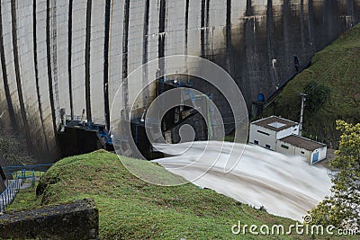 Fronhas dam discharge during the flood period, February 2021 - right bank view Stock Photo