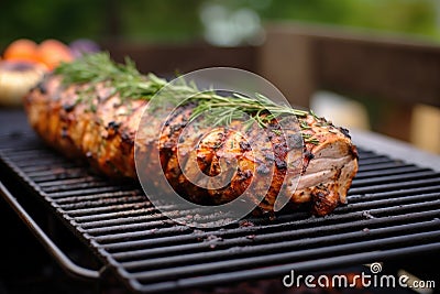 front angle shot of pork loin crusted with herbs on an outdoor grill Stock Photo