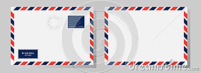 Front and back of classic envelope with stamp, postmark and airmail sign. Vector illustration. Vector Illustration