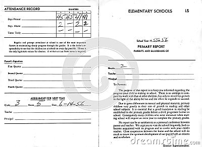 Front and back of 1956 elementary school report card Stock Photo