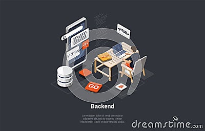 Front And Back End Of Development, Responsive Web Design, Website Interface, Coding and Programming. IT Developer Vector Illustration