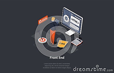 Front And Back End Of Development, Website Interface And Programming. Man Team Lead Control Process Of Developer Coding Vector Illustration