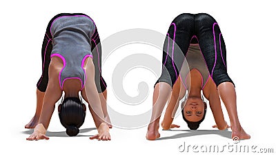 Front and Back Poses of a virtual Woman in Yoga Dolphin Pose Stock Photo