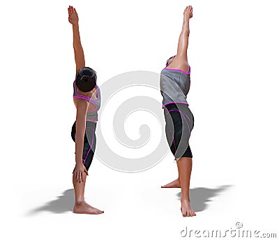 Front and Back Poses of a virtual Woman in Yoga Reverse Warrior Pose Stock Photo