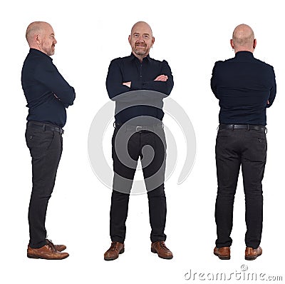 Front back and profile of full portrait of a man on white, arms crossed Stock Photo