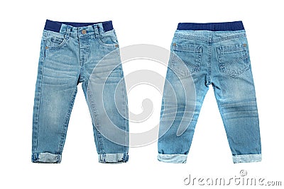 Front and back view of children`s blue jeans, isolated on white Stock Photo