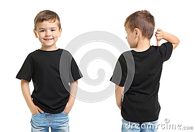 Front and back views of little boy in black t-shirt Stock Photo