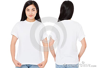 Front and back views of young korean woman in stylish t-shirt on white background. Mockup for design asian girl Stock Photo