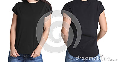 Front and back views of young woman in black t-shirt Stock Photo