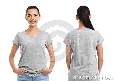 Front and back views of young woman in grey t-shirt Stock Photo