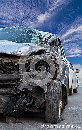 Front-car demolished flat tire. Stock Photo