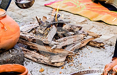 Front close up shot of Havan ceremony in Hindu culture-religious concept Stock Photo