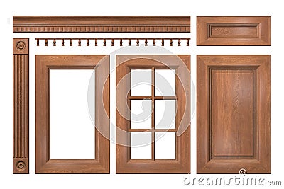 Front collection of wooden doors, drawer, column, cornice for kitchen cabinet Stock Photo