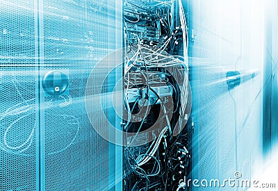 Front communication equipment with the innards in a series of data center. motion blur Stock Photo