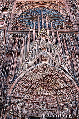 Front details of the exterior of famous Notre Dame Cathedral de Strasbourg, France Editorial Stock Photo