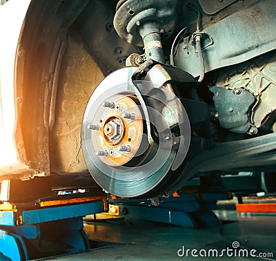 Front disc brakes and calipers that remove the wheels of a car Stock Photo