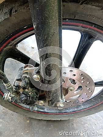 Front disc that has been installed on a motorbike. Stock Photo