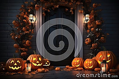 Front Door Decorated With Halloween Items And Pumpkins Stock Photo