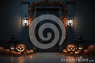 Front Door Decorated With Halloween Items And Pumpkins Stock Photo