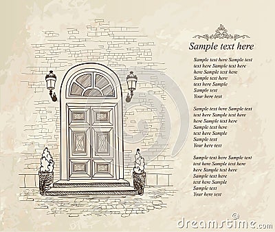 Front door european house. Building entrance background Vector Illustration