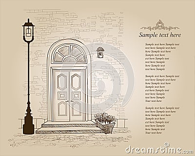 Front door European house. Elegant London townhouse. Vintage sty Vector Illustration