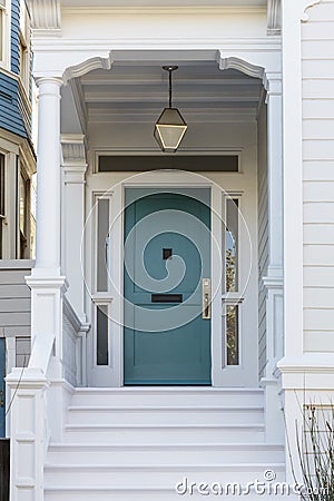 Front door, front view of front blue door Stock Photo