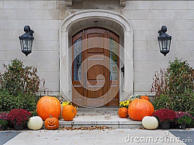 front door of house with Halloween decorations Stock Photo