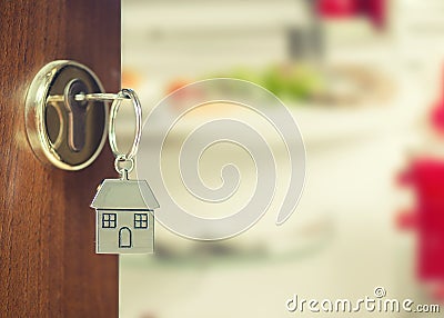 Front door with house keys with chain key Stock Photo