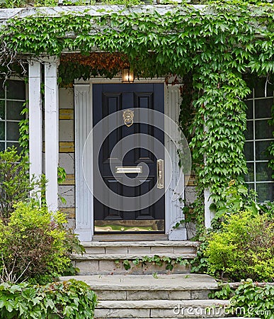 Front door of house surrounded by ivy Stock Photo