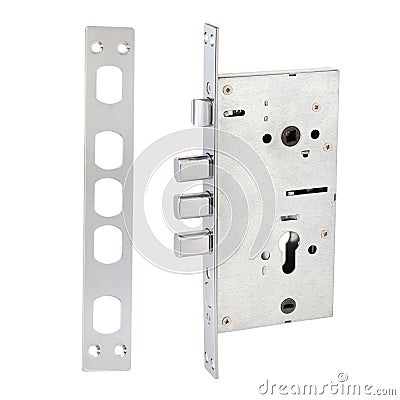 Front door lock in metallic color with three rounded regiments, latch and strike plate Stock Photo
