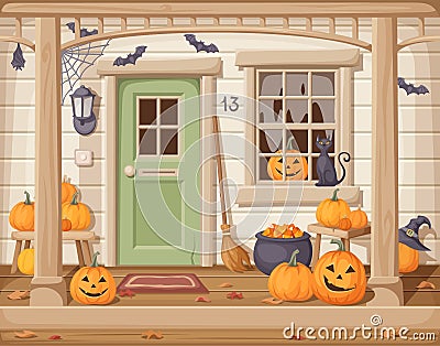 Front door and porch decorated for Halloween. Vector illustration. Vector Illustration