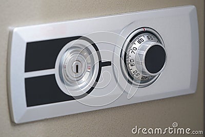 Front door of safe,dial mechanic and key hole for open Stock Photo
