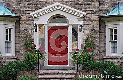 Front door of stone house Stock Photo