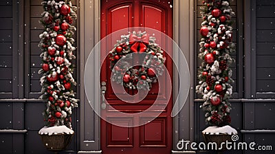 Front door to an English home painted red with a Christmas wreath, Xmas Garland Stock Photo